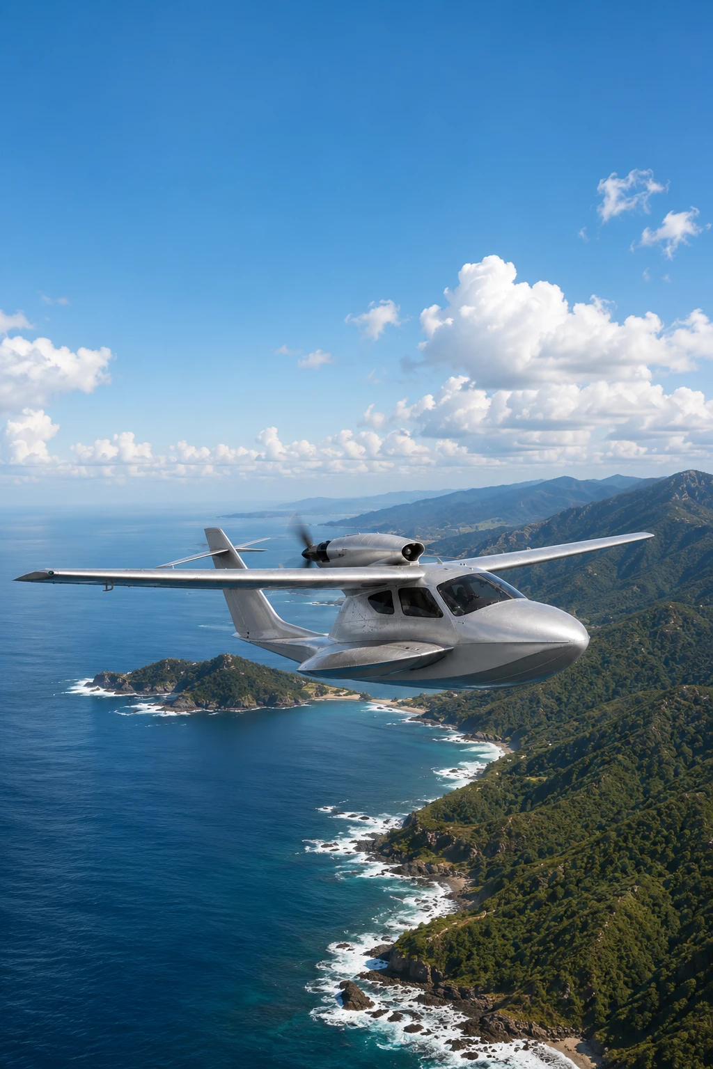 Marlin concept flying above a blue coastline